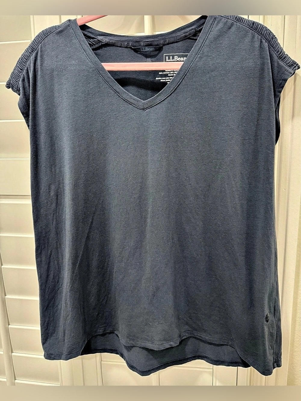 L.L.Bean Ruched Shoulder V-Neck Top Gray Medium